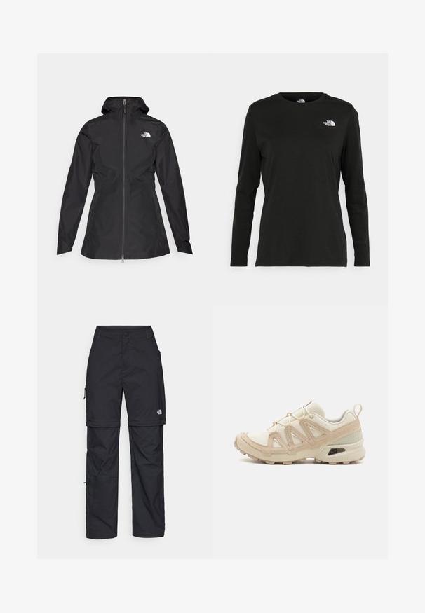 Veste noire imperméable avec fermeture éclair à l'avant, capuche ajustable et taille cintrée. Comprend un petit logo blanc sur la poitrine.; T-shirt noir à manches longues en coton avec un col rond. Présente un petit logo blanc sur la partie gauche de la poitrine. Design et coupe simples.; Pantalons cargo en nylon noir, à zip amovible, avec chevilles ajustables, plusieurs poches et un logo sur la jambe droite. Texture lisse et légère.; Baskets de sport beiges et crème avec une tige en mesh texturé, des superpositions de soutien et une semelle en caoutchouc dotée d'un motif de crampons pour une traction.