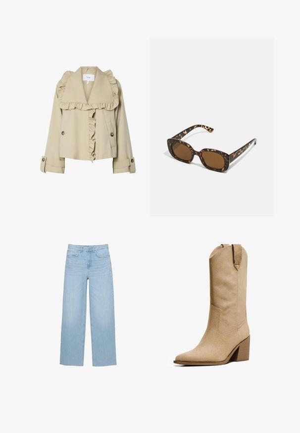 Bézs színű, félhosszú kabát volános gallérral és elülső résszel. Gombos záródással és felgöngyölt ujjal készült sima anyagból.; Fehér és szürke csíkos, cropped pulóver, magas nyakkal és elöl cipzárral. Texturált, kötött anyag, bordás szegéllyel.; Világoskék, bő szabású farmernadrág, magas derekú, egyenes fazonú, öt zsebes kialakítással és letisztult szegéllyel.; Bershka HIGH-HEEL - Cowboy és motoros csizmák - beige; Teknősbéka mintázatú napszemüveg kerek, vastag kerettel és barna lencsékkel. Finom mintázattal és egyenes, keskenyedő szárakkal rendelkezik.