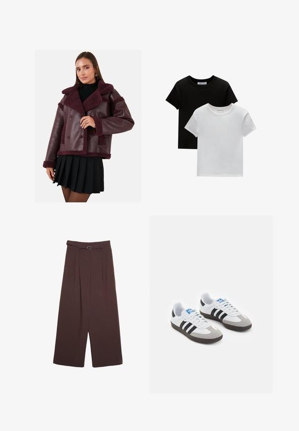 Burgundin keinonahkajakku, jossa on karvakaulus ja -korostukset, kaksirivinen malli ja tekstuuri. Yhdistetty mustan laskostetun hameen kanssa.; Kaksi crew-neck t-paitaa mustana ja valkoisena, valmistettu puuvillasta. Ne sisältävät lyhyet hihat ja yksivärisen muotoilun ilman kuvioita tai korostuksia.; Stradivarius WIDE-LEG WITH BUCKLE DETAIL - Housut - dark brown; Urheilukengät, joissa on valkoinen nahkainen päällinen, harmaa mokkanokka ja kolme mustaa raitaa. Ominaisuuksina sininen logo kielekkeessä ja kuvioitu kumipohja.