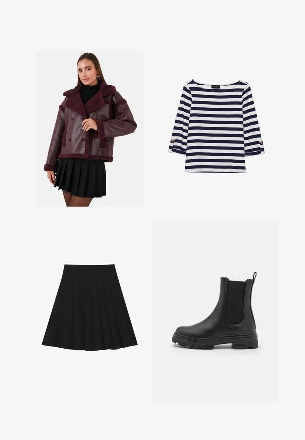 Bordeaux-farvet faux læderjakke med pelskrave og detaljer, dobbeltrække design og tekstureret finish. Kombineret med en sort plisseret nederdel.; Marineblå og hvide stribede langærmede top med bådudskæring og guldknapdetaljer på opsmøgede ærmer. Blødt stof, afslappet pasform.; Sort plisseret nederdel lavet af struktureret stof med en tætsiddende talje. Faldende til knæ længde og har en glat, ren silhuet.; Sort læder ankelstøvle med elastiske sidepaneler, rund tå og tekstureret gummisål. Har en sløjfe bagpå for nem påtagning.