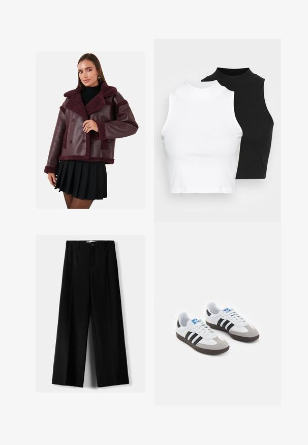 Geacă din piele ecologică burgundă cu guler și accente din blană artificială, design cu două rânduri de nasturi și finisaj texturat. Asortată cu o fustă neagră plisată.; Două bluze fără mâneci, cu guler înalt, în culorile negru și alb, având un design ajustat și o textură netedă, cu o lungime scurtă.; Pantaloni negri cu picior larg, fabricați dintr-un material ușor, cu închidere frontală cu nasture și față plată, având tivuri cusute cu atenție.; Încălțăminte sport cu un superior din piele albă, vârf din suede gri și trei dungi negre. Prezintă un logo albastru pe limbă și o talpă din cauciuc texturat.
