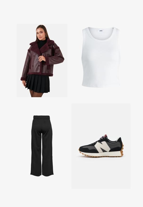Geacă din piele ecologică burgundă cu guler și accente din blană artificială, design cu două rânduri de nasturi și finisaj texturat. Asortată cu o fustă neagră plisată.; Top alb cu detalii texturate, cu guler rotund, fără mâneci și lungime scurtă. Eticheta spune "JJXX." Textură de țesătură netedă.; Pantaloni negri, cu croi larg și talie elastică, realizați dintr-un material neted. Au un design simplu, fără buzunare sau detalii de cusătură vizibile.; Adidași din suede negru și gri cu un mare logo "N" de culoare crem, sireturi purpurii și o talpă din cauciuc texturat de culoare gumă.