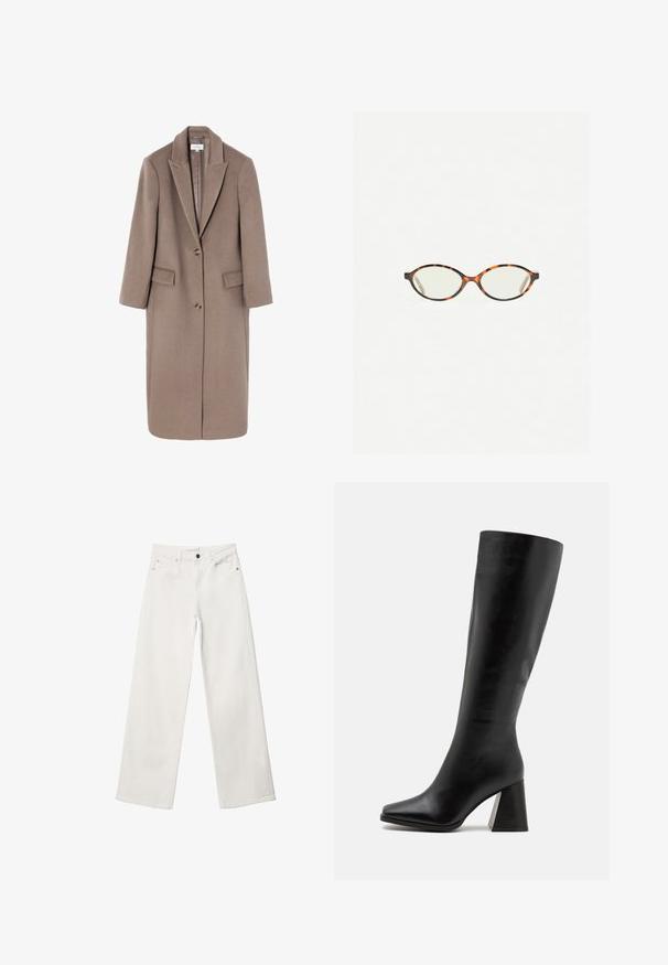 Dolg rjav volnen plašč s krojenim izrezom, enojnim gumbom in dvema sprednjima žepoma. Gladka tekstura z prilagojeno silhueto.; Svetlo modra dolg rokav kardigan, izdelan iz mehkega pletenega materiala, z okroglim izrezom in sprednjim zapenjanjem na gumb, ki ima usklajene gumbe.; Svijetlo žuta, bez rukava, majica od rebrastog materijala. Ima okrugli izrez i ravni kroj, bez vidljivih uzoraka ili ukrasa.; Beli široki trapezni kavbojke iz denima, ki imajo visok pas, dizajn s petimi žepi in kovinsko zapiranje. Gladka tekstura, brez vzorcev.; Črne škornje do kolen iz gladkega usnja, z kvadratnim naom in debelim, teksturiranim peto. Preprost in tekoč dizajn.; Kornjačaste očala z ovalnimi lečami in gladko, sijočo površino. Imajo tanke stranice z rahlim ovinkom na templjih. Prosojne leče.; Pieces PCALUANA SHOULDER BAG - Torbica - black