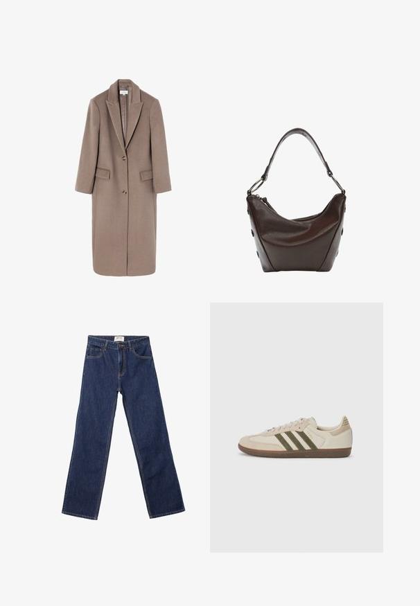 Cappotto lungo in lana marrone con rever a punte, chiusura a un bottone e due tasche frontali. Tessuto liscio con silhouette sartoriale.; Maglione crema con strisce orizzontali marroni, dotato di scollo rotondo, orlo corto e polsini a costina. Materiale in maglia morbido.; Jeans dritti blu scuro con tasche frontali, passanti per cintura e chiusura con bottone.; adidas Originals SAMBA OG UNISEX - Sneakers basse - alumina/medium dark khaki/gum; Borsa in pelle marrone scuro con forma curvata, chiusura con zip e manico corto. Caratterizzata da hardware in metallo e bottoni neri decorativi sul lato.
