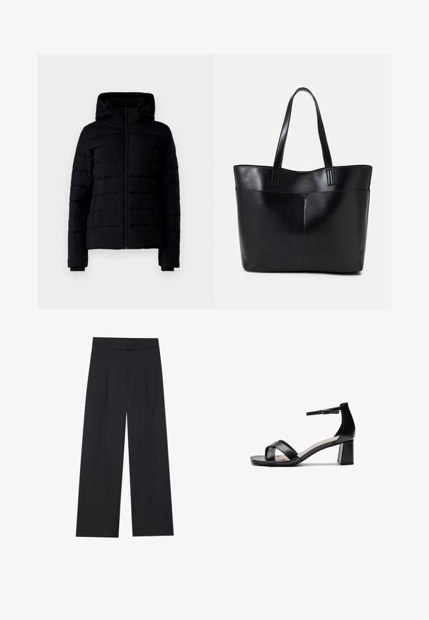 Doudoune noire avec fermeture éclair à l'avant, capuche et motif matelassé. Équipée de poignets élastiques et d'une texture lisse. Légère et isolante.; Anna Field T-shirt imprimé - black; Pantalon large noir avec une texture lisse, comportant deux plis à l'avant, une ceinture, et sans matériel ou poches visibles.; Sandale à talon ouvert noire avec des brides croisées, une sangle de cheville ajustable et un talon épais, dotée d'une texture en cuir lisse.; Sac fourre-tout en cuir noir avec deux longues poignées, une texture lisse et une forme structurée. Dispose d'une poche avant pour un rangement supplémentaire.