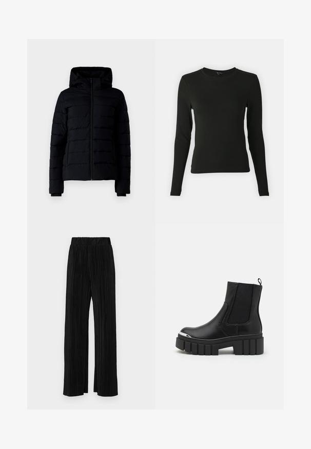 Zwarte pufferjas met een rits aan de voorkant, een capuchon en een doorgestikt ontwerp. Kenmerkend zijn de elastische manchetten en een gladde textuur. Lichtgewicht en geïsoleerd.; Zwarte blouse met lange mouwen, gemaakt van een gladde stof, met een ronde halslijn en een getailleerde pasvorm, zonder zichtbare patronen of accenten.; Zwarte geplooide broek met een elastische tailleband. Beschikt over wijde pijpen en een glad, gestructureerd stof met verticale strepen.; Zwarte enkellaarsjes van soepel leer met elastische panels, een dikke plateauzool en een metalen neuskap.