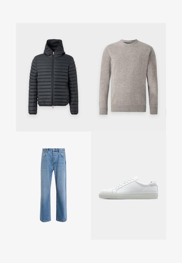 Puffer jacket in black nylon with horizontal stitching, zip closure, and attached hood. Features a small red zipper pull and logo emblem.; Light gray knitted sweater with a crew neckline, long sleeves, and ribbed cuffs and hem. Textured pattern with flecks of color.; Light blue denim jeans with a straight-leg design, five pockets, button closure, minimal fading, and contrasting stitching details.; White sneaker with a smooth leather upper and a low profile. Features a rounded toe, six eyelets, and a textured rubber sole.