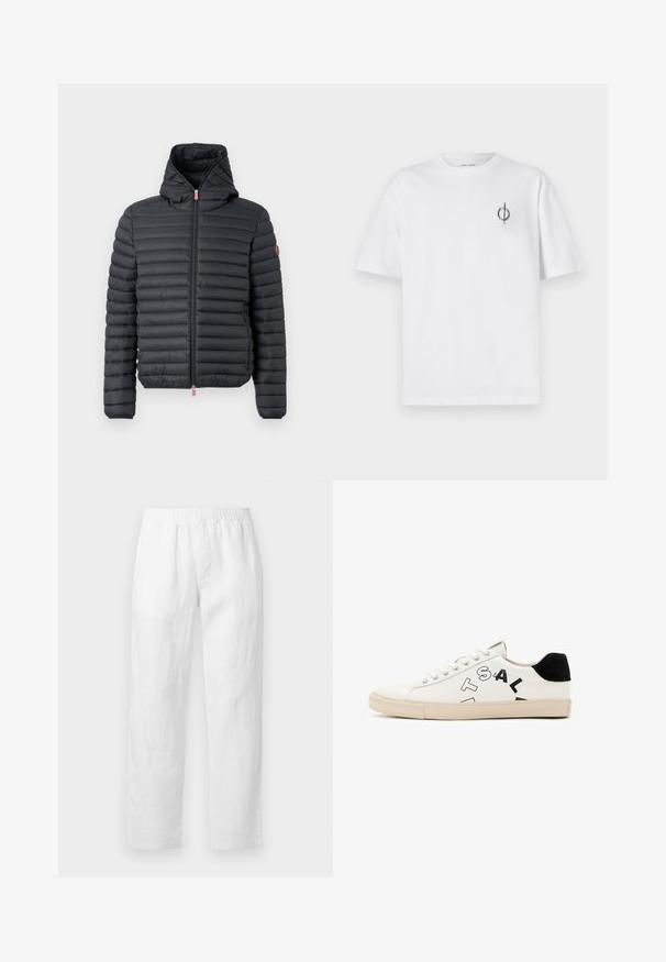 Casaco puffer em nylon preto com costura horizontal, fecho de correr e capuz fixo. Apresenta um pequeno puxador de zíper vermelho e um emblema de logo.; Camisa de algodão branca com um corte relaxado, apresentando um pequeno logótipo gráfico preto na área do peito esquerdo. Mangas curtas, estilo de gola redonda.; Calças de linho branco com cintura elástica, corte reto e textura suave, sem padrões visíveis ou detalhes de ferragens.; Sapatilha de couro branco com detalhes pretos no calcanhar, apresentando letras pretas ousadas de lado e uma sola de borracha. Design minimalista.