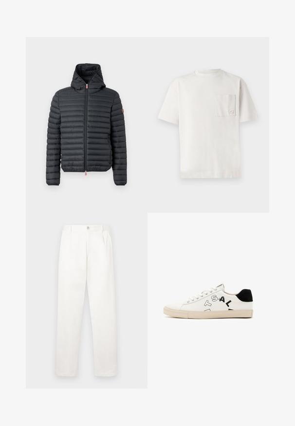 Φουσκωτό μπουφάν σε μαύρο νάιλον με οριζόντιες ραφές, κλείσιμο με φερμουάρ και προσαρτημένη κουκούλα. Διαθέτει μια μικρή κόκκινη λαβή φερμουάρ και σήμα λογότυπου.; Λευκό βαμβακερό T-shirt με στρογγυλή λαιμόκοψη, κοντά μανίκια και αριστερή τσέπη στο στήθος με διακριτική κεντημένη λογότυπο. Λείος υφασμάτινος χαρακτήρας.; Λευκά παν trousers κατασκευασμένα από μαλακό ύφασμα, με ευθεία σχεδίαση, πτυχές μπροστά και κλείσιμο με ένα κουμπί στη μέση.; Λευκό δερμάτινο αθλητικό παπούτσι με μαύρες λεπτομέρειες στη φτέρνα, που διαθέτει έντονη μαύρη επιγραφή στο πλάι και καουτσούκ σόλα. Μινιμαλιστικός σχεδιασμός.