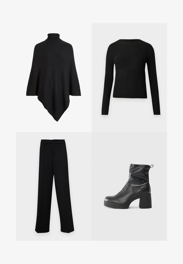 Black knitted poncho featuring a high turtleneck, shaped in a triangular design with a soft, textured finish.; Black ribbed long-sleeve fitted sweater with a round neckline, displayed against a plain light background.; Black wide-leg trousers made of smooth fabric, featuring a classic waistband with a button closure and front pleats.; Black ankle boots made of smooth leather, featuring a side zipper, chunky textured heel, and rounded toe design.