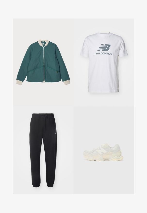 Pompeii PADDED JACKET - Lett jakke - emerald; Hvit bomulls t-skjorte med grå "NB"-logo og "new balance"-tekst, korte ermer, klassisk rund hals-design, jevn tekstur.; Sorte joggebukser laget av mykt materiale med elastisk midje, snor og smale mansjetter, med en diskret logo på siden.; Lett sneaker med en overdel i mesh og semsket skinn i myke kremtoner, med en kraftig såle og tredimensjonale detaljer.