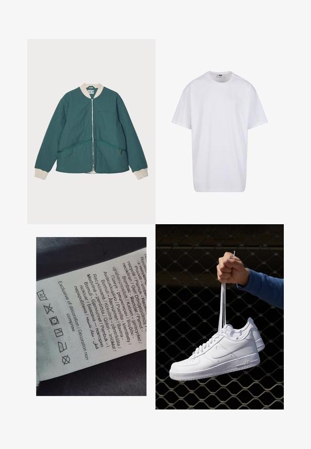 Pompeii PADDED JACKET - Kerge jope - emerald; Valge puuvillane t-särk lühikeste varrukatega, ümmarguse kaelusega, lõdva lõikega ja ilma nähtavate logodeta või mustriteta. Sile tekstuur ja minimaalne disain.; Sildi silt, millel on mitmekeelsed tekstid, hooldusmärgid ja ringlussevõtuikoonid, trükitud pehme kangalaadsele materjalile heledates toonides.; Valged nahast tennisetossud, millel on perforatsioonid, ümar nina, lame tallus ja paksud nöörid, nähtava swooshi logoga ja "AIR" kontsadel.