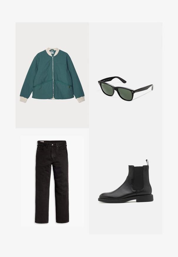 Pompeii PADDED JACKET - Mezisezónní bunda  - emerald; Mladý muž s kudrnatými světlými hnědými vlasy, oblečený v černém tričku s krátkým rukávem a šedých kalhotách, dívající se doleva s rukama v kapsách.; Černé džíny rovného střihu s pěti kapsami, zapínáním na knoflík a poutky na opasek, položené na bílém pozadí.; Černá kožená kotníková bota s hladkým povrchem, elastickými bočními panely a poutkem. Kulatá špička a plochá gumová podrážka s minimálním vzorkem.; Černé plastové sluneční brýle se zelenými skly, čtvercové obroučky, stříbrný detail na obočí a texturované stranice. Značka uvedená na vnitřní straně stranic.