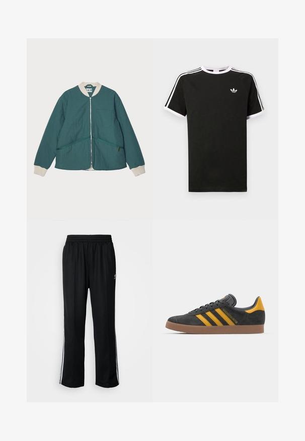 Pompeii PADDED JACKET - Light jacket - emerald; Black t-shirt made of cotton with white accents. Features short sleeves, raglan design, and a small logo on the chest. Three white stripes on shoulders.; Black athletic pants with an elastic waistband, featuring white side stripes and a small logo. Material appears soft and lightweight.; Black suede sneaker with yellow accents, featuring three stripes and a brown rubber sole. Includes a padded tongue for comfort.