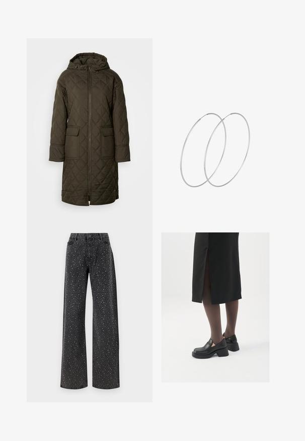 Kviltuota, ilga anorako striukė tamsiai alyvuogių spalvos, su gobtuvu, dviem priekiniam kišenėm ir priekiniais užtrauktukais. Slydus, tekstūruotas audinys.; Šviesiai kreminė palaidinė su blizgiomis paillettes. Turi klasikį apykaklę, ilgomis rankovėmis ir blizgančių paillettes detalių visame paviršiuje, suteikiančių tekstūrinį efektą.; Noisy May NMJANNEL LOOSE - Laisvo kirpimo džinsai - black denim; Juodos odinės bateliai su apvaliu nosiu, stora blokine pakulne ir elastingais šonais, derinami su tamsiomis pėdkelnėmis ir juoda sijonu su plyšiu.; Sidabrinės pusmėnulio auskarai minimalistiniu dizainu. Apskritimo forma, lygus paviršius ir plonas profilis. Lengvi su poliruotu apdailu.