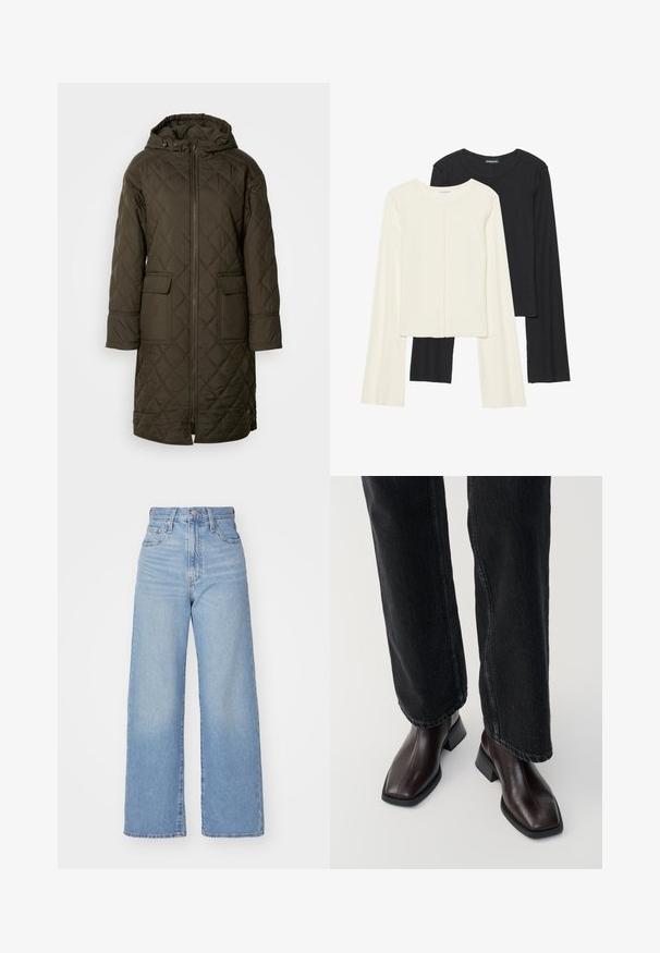 Anorak acolchoado e longo em verde-oliva escuro, com capuz, dois bolsos frontais e fecho de zíper na frente. Tecido suave e texturizado.; Conjunto de duas blusas de manga longa em branco e preto. Textura canelada, decote redondo, design ajustado com mangas ligeiramente evasê.; Jeans de cintura alta e perna larga em azul claro, com fecho frontal de botão e zíper, bolsos frontais e traseiros, sobre um fundo branco.; Botas de tornozelo em pele castanha com biqueira quadrada e salto bloco, combinadas com jeans pretos de perna larga. Textura suave e design minimalista.
