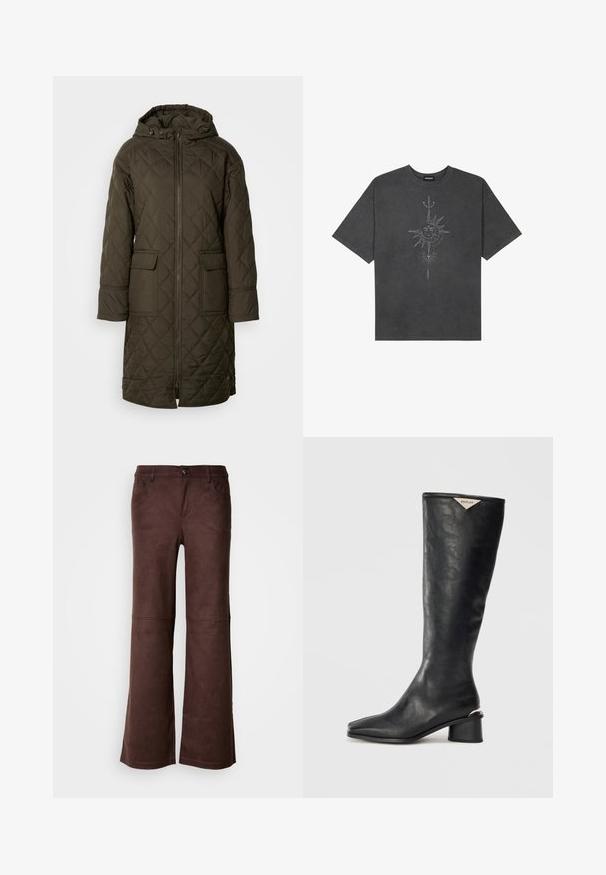 Prešívaný dlhý anorak v tmavozelenej farbe, ktorý má kapucňu, dve predné vrecká a predný zips. Hladká, textúrovaná látka.; Tmavosivý oversized tričko vyrobené z bavlny, s centrálnou grafikou slnka s prepracovanými líniovými detailmi potlačenými na prednej strane.; Hnedé rozšírené nohavice z mäkkého, semišovému podobného materiálu. Obsahujú štyri vrecká, zapínanie na gombík a hladký, textúrovaný povrch.; Čierne kožené čižmy po kolená s hladkým povrchom, so štvorcovou špičkou a stredným blokovým podpätkom s kovovým akcentom na podpätku.