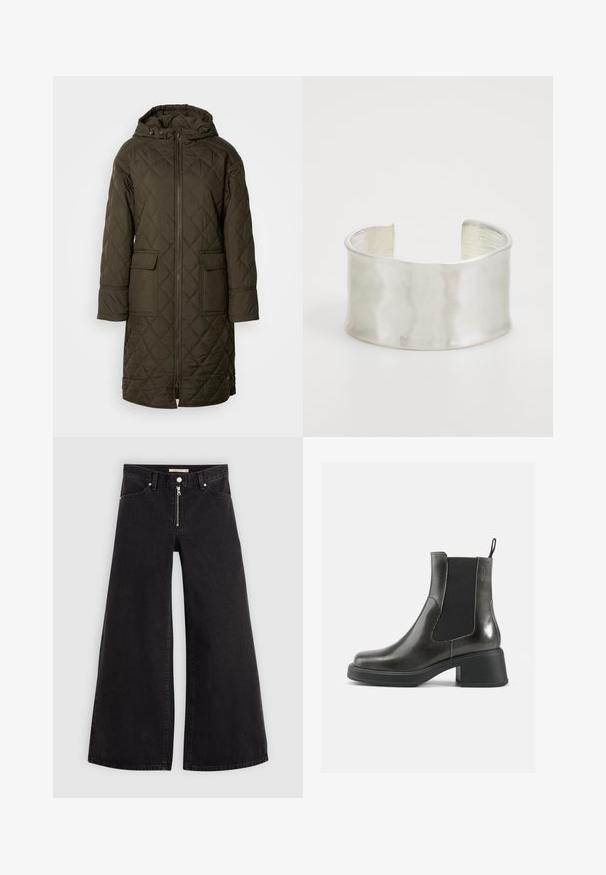 Kviltuota, ilga anorako striukė tamsiai alyvuogių spalvos, su gobtuvu, dviem priekiniam kišenėm ir priekiniais užtrauktukais. Slydus, tekstūruotas audinys.; Šviesiai mėlyna trumpomis rankovėmis marškinėliai, pagaminti iš minkštos medvilnės. Turi klasikį apvalų iškirpimą ir laisvą siluetą, be raštų ar akcentų.; Plačios kojų džinsai iš juodo džinsinio audinio su užtrauktuku priekyje, penkių kišenių dizainu ir subtiliais siuvinėjimo akcentais. Lygus paviršius ir laisvalaikio stilius.; Juodos odinės kulkšninių botai su lygia apdaila, elastingais šonais ir storu kulnu. Yra vilkimo kilpa, skirta patogesniam apsiaustui.; Zign Apyrankė - silver-coloured