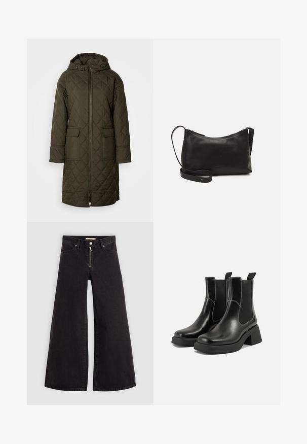 Prošívaný, dlouhý anorak v tmavě olivové barvě, s kapucí, dvěma předními kapsami a předním zipem. Hladká, strukturální tkanina.; Černé tričko z bavlny s krátkým rukávem, pod kterým je bílá podvlékací halenka s dlouhým rukávem a jemným texturovaným vzorem. Design s kulatým výstřihem.; Džíny s širokými nohavicemi v černém denimovém provedení se zipem vpředu, pěti kapsami a jemnými švy. Hladká textura a ležérní styl.; Černé kožené chelsea boty s masivním podpatkem, elastickými bočními panely a kontrastním bílým prošitím. Texturovaný povrch.; Černá kožená taška přes rameno s hladkým povrchem, zakřiveným tvarem, nastavitelným popruhem a zipovým uzávěrem. Minimalistický design bez zdobení.
