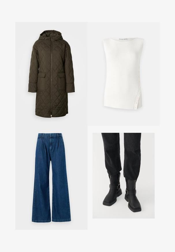 Anorac lung, matlasat, de culoare verde măsliniu închis, dotat cu glugă, două buzunare frontale și închidere cu fermoar în față. Material neted, texturat.; Top alb fără mâneci, realizat dintr-un material cu dâre, cu un decolteu rotund și butoane mici pe cusătura laterală stângă pentru un detaliu elegant.; Pantaloni din denim cu picior larg, de culoare albastru închis. Prezintă un față plisată și detalii cusute la talie și la tiv. Fabricat din material de bumbac.; Botoșei negri din piele, cu vârful pătrat, având o curea lata și detalii cu cataramă metalică. Botoșii au o talpă masivă și o textură netedă.