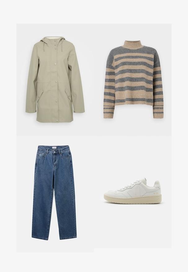 Lichtbeige waterdichte jas met capuchon, voorkant met drukknoopsluiting, twee zijzakken en verstelbare koorden op de capuchon. Glad textuur.; Gestreepte gebreide trui met grijze en beige kleuren, hoge hals, brede mouwen met manchetten en een relaxte pasvorm met een cropped ontwerp.; Klassieke blauwe denim jeans met een rechte pijp, vijf zakken en een knoopsluiting. Heeft een middelgrote wasbeurt en stevige textuur.; Witte leren sneakers met geperforeerde teendoos, contrasterende beige rubberen zool en logo-accenten op de zijkant en hiel. Minimalistisch ontwerp.
