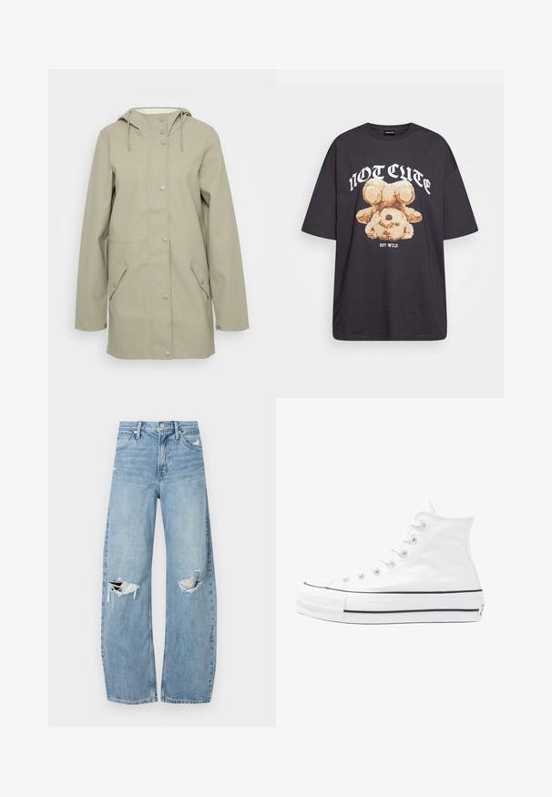 Lys beige vanntett jakke med hette, front lukking med trykknapper, to sidelommer og justerbare snorer på hetten. Glatt tekstur.; Svart oversized t-skjorte med en grafikk av en bjørn og teksten "IKKE SØT, MEN VILL" i fet, hvit skrift. Laget av bomull.; Lyseblå høytlivsjeans laget av denim. Har vide bein, to revne knær og klassisk fem-lommers design.; Hvit høy-skinn kanvas sneakers med svart gummisåle, gummitåhette foran og seks hull for snorer, med et rent, minimalistisk design.
