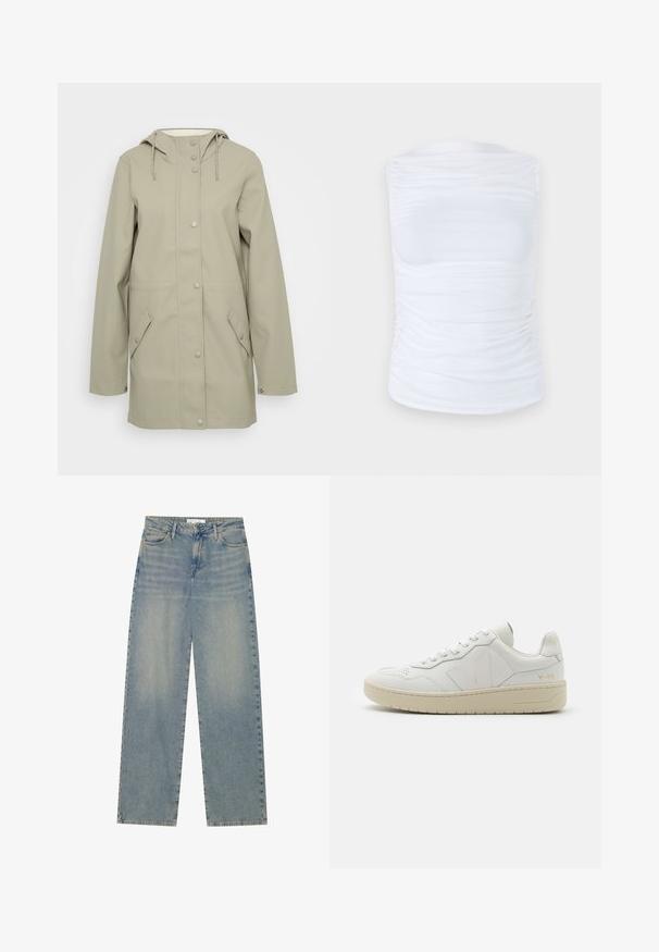 Veste imperméable beige clair avec capuche, fermeture à pression à l'avant, deux poches latérales et cordons réglables sur la capuche. Texture lisse.; Top sans manches blanc en tissu lisse et extensible avec des détails froncés sur les côtés, présentant un col rond et une silhouette cintrée.; Jean en denim droit taille haute bleu clair avec poches avant, passants de ceinture et fermeture éclair et bouton visibles.; Baskets en cuir blanc avec une boîte à orteils perforée, semelle en caoutchouc beige contrastante et accents de logo sur le côté et le talon. Design minimaliste.