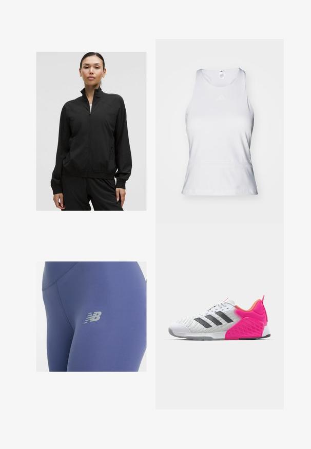Sort zip-jakke med høj krave, elastiske manchetter og sidelommer. Lavet af glat, let materiale med subtile perforerede detaljer.; Hvid ærmeløs atletisk top med rund hals, glat tekstur og subtilt tonal logo på brystet. Rette søm ved taljen.; Tights i dybblå stof med en glat tekstur, med et reflekterende gråt logo på låret og flade syninger for komfort.; Hvid atletisk sko med grå striber, mesh overdel og pink hæl og detaljer. Har tekstureret hæl og gummisål. Snørebånd og polstret krave.