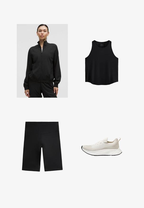 Crna jakna na patentni zatvarač od glatkog, laganog materijala s dugim rukavima i elastičnim manžetama; ima bočne džepove i diskretne teksturirane detalje.; Crna bezrukavna majica od glatkog materijala, s okruglim dekolteom, ravnim krojem i bočnim panelima s suptilnom teksturom.; Crne biciklističke kratke hlače izrađene od rastezljivog materijala. Imaju visok struk, glatku teksturu i dizajn do koljena bez vidljivih šavova ili uzoraka.; Atletska cipela u boji oblaka s teksturiranim gornjim dijelom od pletenog materijala i fleksibilnom potplatom, koja ima ukrasne vezice i trakicu za povlačenje straga.