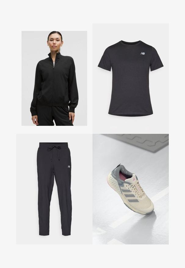 Veste noire zippée avec un col haut, des poignets élastiques et des poches latérales. Fabriquée en matériau lisse et léger avec des détails perforés subtils.; T-shirt noir à manches courtes en tissu doux, avec un petit logo gris New Balance sur le côté gauche de la poitrine, design classique à col rond.; Pantalons de jogging noirs en matériau léger avec une taille élastique et un cordon de serrage ajustable. Présente un petit logo sur le côté.; Baskets de sport beiges avec des accents gris, tige en maille et semelle texturée. Comprend trois bandes grises et des détails intérieurs roses.