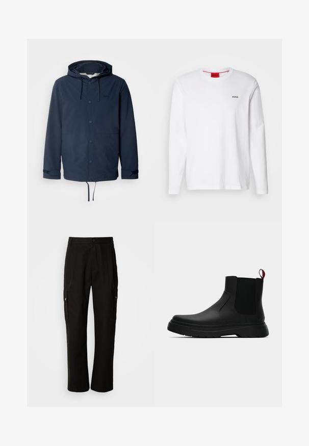 Navy waterproof jacket with a hood, front snap fastening, adjustable drawstring waist, and velcro cuffs. Smooth texture, no patterns.; White long-sleeve shirt made of cotton, featuring a round neckline, black "HUGO" logo on the left chest, and a smooth texture.; Black cargo pants made of cotton with a relaxed fit, featuring side pockets, a button closure, and straight legs. Simple design without patterns.; Black ankle boot with a smooth finish, elastic side panels, and a contrasting red pull tab, featuring a thick rubber sole and rounded toe.