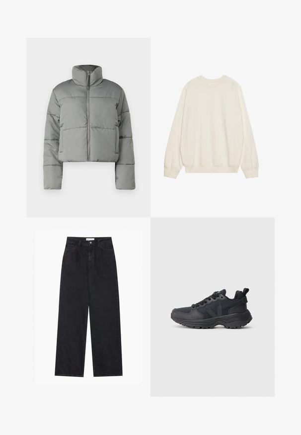 Pelēks īss pūkains jaka ar augstu apkakli, ar rāvējslēdzēju un šūtiem paneļiem izolācijai. Gluda, matēta virsma un pārāk liels izmērs.; Gaiši bejdzs pelēka sporta krekls, kas izgatavots no mīksta kokvilnas auduma. Tam ir garas piedurknes, apaļa dekoltē, kā arī ribotās aproces un apakšmala, un tas ir brīva piegriezuma.; Melni augsta vidukļa plaša kāju džinsi ar priekšējo pogu un rāvējslēdzēju, jostas cilpām un piecām kabatām.; Melna sporta apavi ar biezu zoli, sasienama dizaina, teksturētu augšdaļu un cilpu papēdī, attēloti profila skatā uz balta fona.
