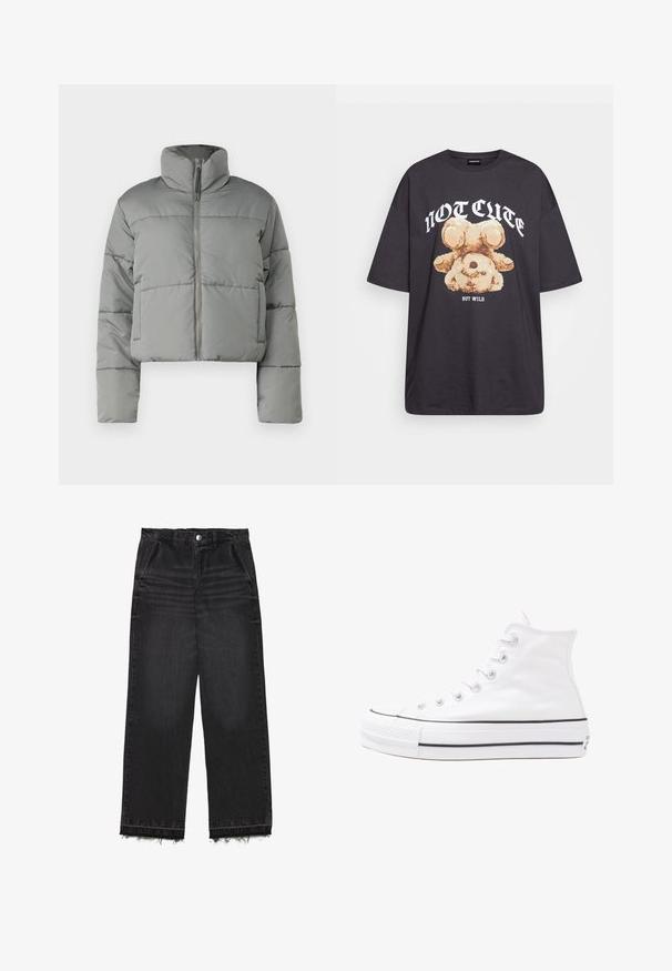 Graue, kurz geschnittene Daunenjacke mit hohem Kragen, Reißverschluss und genähten Einsätzen zur Isolierung. Glatte, matte Oberfläche und oversized Passform.; Schwarzes, übergroßes T-Shirt mit einem Grafikdruck eines Bären und dem Text "NICHT SÜß, SONDERN WILD" in fetter, weißer Schrift. Baumwollmaterial.; Schwarze Denim-Hosen mit geradem Bein. Sie verfügen über eine hohe Taille, einen fransigen Saum und eine subtile, ausgebleichte Textur. Mit Eingrifftaschen vorne.; Weiße hochwertige Leinensneaker mit schwarzer Gummisohle, vorderem Gummizehenschutz und sechs Ösen für Schnürsenkel, die ein sauberes, minimalistisches Design aufweisen.