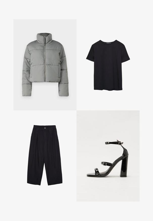 Šedá zkrácená péřová bunda s vysokým límcem, zipovým zapínáním a prošívanými panely pro izolaci. Hladký, matný povrch a nadměrný střih.; Jednoduché černé bavlněné tričko s krátkým rukávem a kulatým výstřihem, vystavené na bílém pozadí.; Černé polyesterové culotte kalhoty s elastickým pasem, dvěma předními sklady a volným siluetou. Žádné viditelné vzory ani kovové detaily.; Černé lakované sandály na podpatku se čtveratou špičkou, lýtkovými pásky a stříbrnými přezkami. Disponují masivním blokovým podpatkem pro stabilitu.