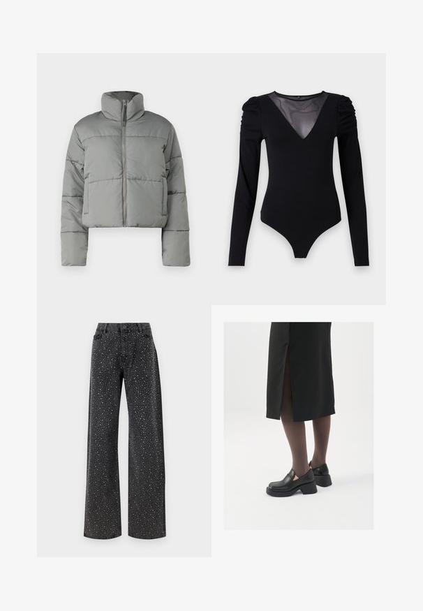 Casaco puffer cinza, cropped, com gola alta, fecho de zíper e painéis costurados para isolamento. Acabamento suave e mate, com um corte oversized.; Bodysuit preto com mangas compridas, apresentando um decote em V em tecido de rede e detalhe de ombro franzido. Tecido suave com um corte ajustado.; Noisy May NMJANNEL LOOSE - Calças de ganga de corte relaxado - black denim; Sapatos de couro pretos com bico arredondado, salto bloco grosso e detalhes elásticos laterais, combinados com meias escuras e uma saia preta com uma abertura.