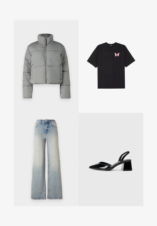 Gray cropped puffer jacket with a high collar, zip closure, and stitched panels for insulation. Smooth, matte finish and oversized fit.; Black cotton t-shirt with short sleeves, featuring a small pink butterfly graphic on the left chest. Crew neck design with a relaxed fit.; Light blue wide-leg jeans made of denim, featuring a high waist, five pockets, and visible stitching along the seams.; Black patent leather slingback heels with a pointed toe and a geometric block heel. Features a sleek, minimal design and smooth texture.
