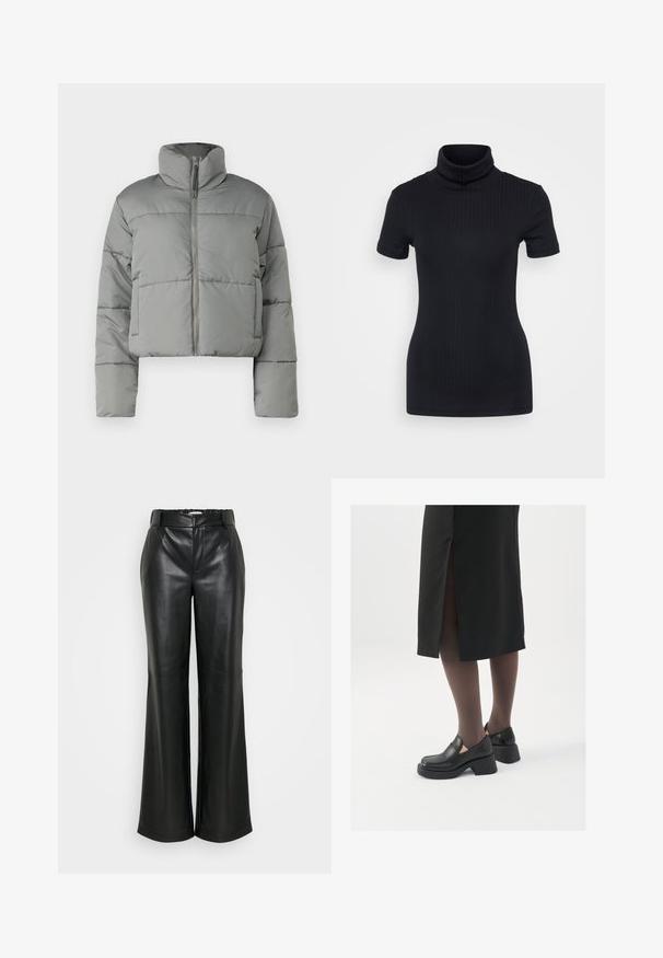 Giacca puffer grigia svasata con colletto alto, chiusura con zip e pannelli cuciti per l'isolamento. Finitura liscia e opaca con vestibilità oversize.; Maglione a collo alto nero a coste, maniche corte, design aderente, texture morbida, cuciture minime e colletto alto.; ONLY Tall ONLSMOOTH WIDE - Pantaloni - black; Scarpe in pelle nera con punta arrotondata, tacco spesso a blocco e accenti laterali in elastico, abbinate a collant scuri e una gonna nera con uno spacco.