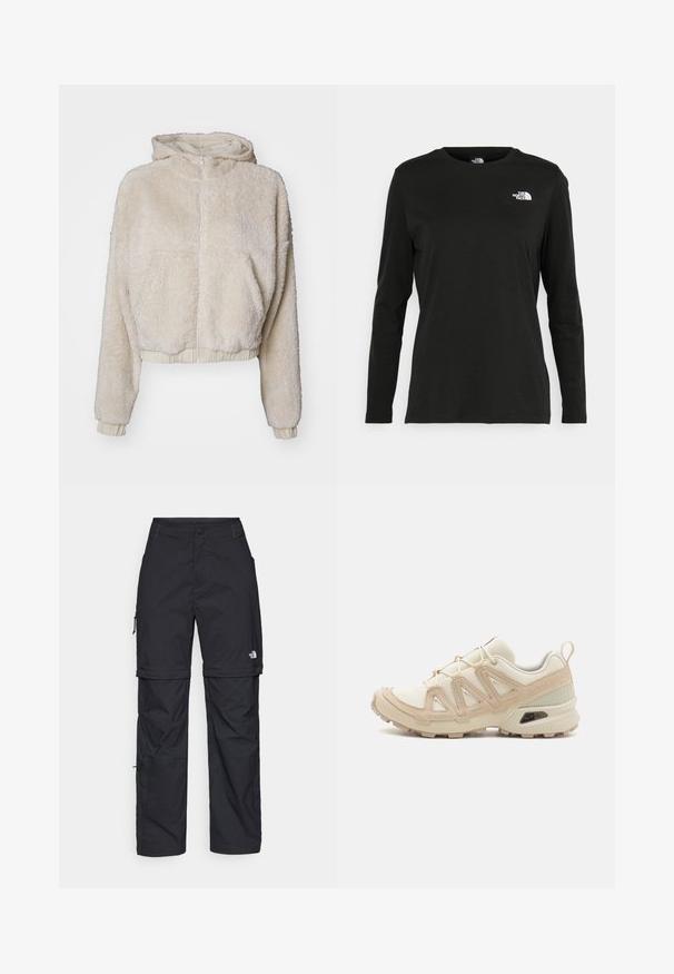 Kremasta, skraćena dukserica od pliša s prednjim zatvaračem, bočnim džepovima, rebrastim manžetama i mekanim, teksturiranim materijalom.; Crni dugih rukava majica od pamuka s okruglim izrezom. Ima mali bijeli logo na lijevoj strani prsnog područja. Jednostavan dizajn i kroj.; Crne najlon hlače s munjevim zatvaranjem, odvojive cargo hlače s podesivim manžetama, brojnim džepovima i logom na desnoj nozi. Glatka, lagana tekstura.; Bež i kremasti sportski tenisice s teksturiranim mrežastim gornjim dijelom, potpornih preklopa i gumeni potplat s uzorcima za prianjanje.