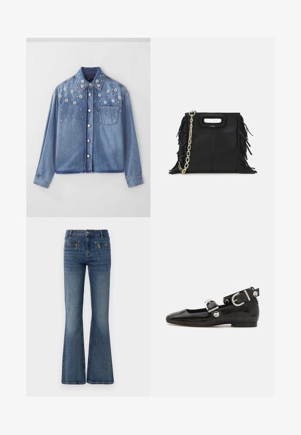 Maje CARLA - Giacca di jeans - bleu; Polo a coste blu navy con colletto a punta, maniche corte e due tasche frontali con bottoni a scatto; messo in risalto da dettagli in cucitura bianca.; Jeans in denim blu a palazzo con vita media, dotati di tasche anteriori e posteriori e una leggera sfumatura sbiadita.; Scarpa flat in vernice nera con punta quadrata, cinturino alla caviglia con hardware in argento e suola piatta. Texture liscia con design minimalista.; Borsa a tracolla in pelle nera con dettagli a frangia, catena dorata e manico ritagliato. Presenta il logo sulla parte anteriore.