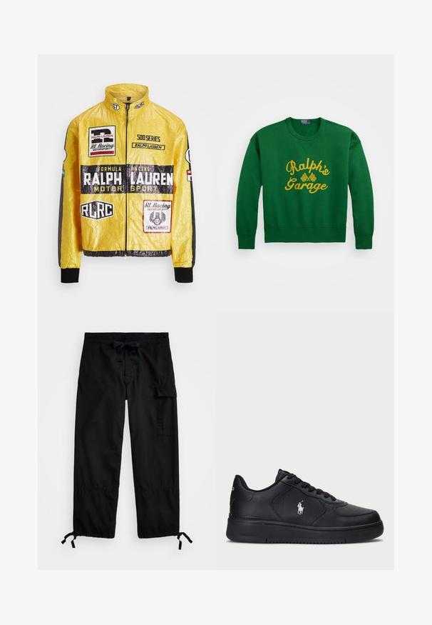Keltainen, teksturoitu kilpajakku, jossa on useita painettuja logoja ja tarroja, mustilla yksityiskohdilla hihoissa ja hihansuissa, täysipitkä vetoketjusulku.; Vihreä huppari pyöreällä kaula-aukolla, jossa on keltainen brodeerattu teksti "Ralph’s Garage" ja ruudulliset yksityiskohdat. Sekakuitumateriaali.; Mustat cargo-housut, joissa on joustava vyötärö ja kiristysnauha. Ominaisuuksina sivutaskut ja säädettävät lahkeet, joissa on säädettävät togglet. Valmistettu kevyestä kankaasta.; Mustat nahkakengät, joissa on rei'itetty muotoilu, tasaiset nauhakampaus ja valkoinen brodeerattu logo sivussa. Paksu musta kumipohja.