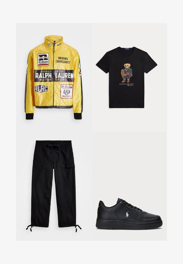 Geltona, tekstūruota lenktynių striukė su keliais spausdintais logotipais ir emblemomis, juodais akcentais ant rankovių ir rankogalių, visiškai užtraukiama.; Juoda marškinėlių su apvalia iškirpte grafika, vaizduojančia mešką su saulės akiniais, žiemos apranga ir laikantį sniego batus, pažymėtą "Polo Bear by Ralph Lauren".; Juodos krovinių kelnės su elastingu juosmeniu ir raišteliu. Yra šoninės kišenės ir reguliuojamos galinės kelnių apačios su užtrauktukais. Pagamintos iš lengvos medžiagos.; Juodi odiniai sportbačiai su perforuotu dizainu, plokščia raištelių uždanga ir balta išsiuvinėta logo šone. Storais juodais gumos padais.