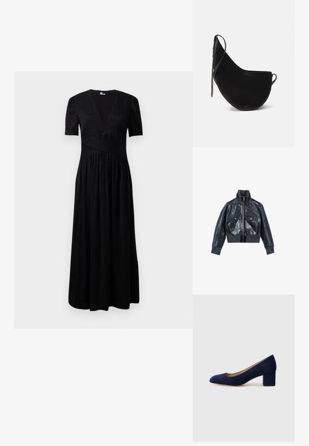 The Kooples Leren jas - black; Zwarte maxi-jurk met een diepe V-hals, korte mouwen, gestructureerd lijfje en een geplooide rok. Gemaakt van lichte stof met subtiele patronen.; Navy blauwe suède pump met een spitse neus en een blokhak van gemiddelde hoogte. Glad oppervlak met een subtiele glans en een kleine uitsparing aan de voorkant.; Zwarte leren handtas met een gebogen maanvorm, voorzien van een slanke schouderband en subtiele gouden branding aan de voorkant. Gladde textuur met minimale hardware.