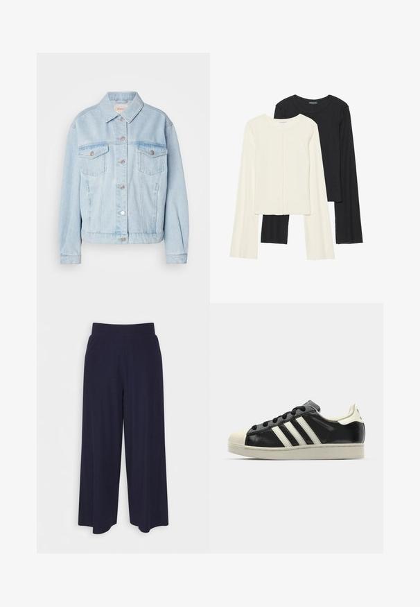 Light blue denim jacket featuring a classic collar, two chest pockets, silver button closures, and a slightly cropped hem.; Set of two long-sleeve tops in white and black. Ribbed texture, round neck, fitted design with slightly flared sleeves.; Wide-leg trousers in dark navy fabric with a ribbed texture. Features a smooth waistband and a flowy silhouette, reaching mid-calf length.; Black leather sneaker with white stripes, rubber toe cap, black laces, and a cream-colored outsole. Smooth texture with shiny finish.