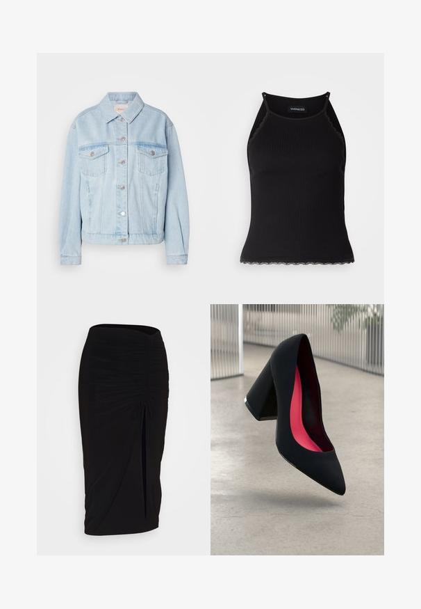 Camisola de ganga azul clara com um colarinho clássico, dois bolsos no peito, fechos de botão prateados e um corte ligeiramente cropped.; T-shirt sem mangas preto com acabamento em renda frisada na barra. Apresenta alças finas e um design justo. Feito de um tecido elástico.; Saia lápis preta, franzida, com detalhe de laço e uma fenda lateral. Feita de um tecido elástico, apresenta uma textura suave e um design justo ao corpo.; Sapato de salto alto preto com bico puntiagudo, superfície texturizada e um interior vibrante em rosa. Apresenta um salto grosso com detalhe em prata.