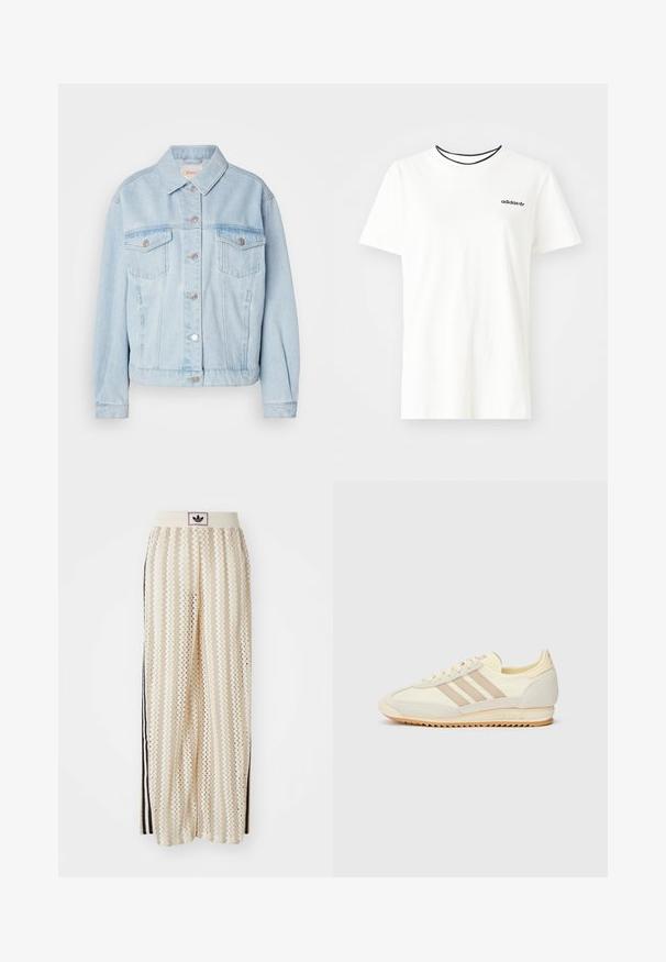Chaqueta de denim azul claro con un collar clásico, dos bolsillos en el pecho, cierres de botón plateados y un dobladillo ligeramente corto.; Camiseta de algodón blanca con manga corta y escote redondo. Presenta un logo negro de Adidas en el pecho y un cuello interior negro en contraste.; Pantalones de pierna ancha en color crema con un patrón en zigzag, que cuentan con una cinturilla con logo negro y franjas negras en los laterales. Tejido ligero y texturizado.; Zapatilla deportiva crema con tres rayas beige, materiales de ante y textil, una suela texturizada y un logotipo en relieve en el talón.
