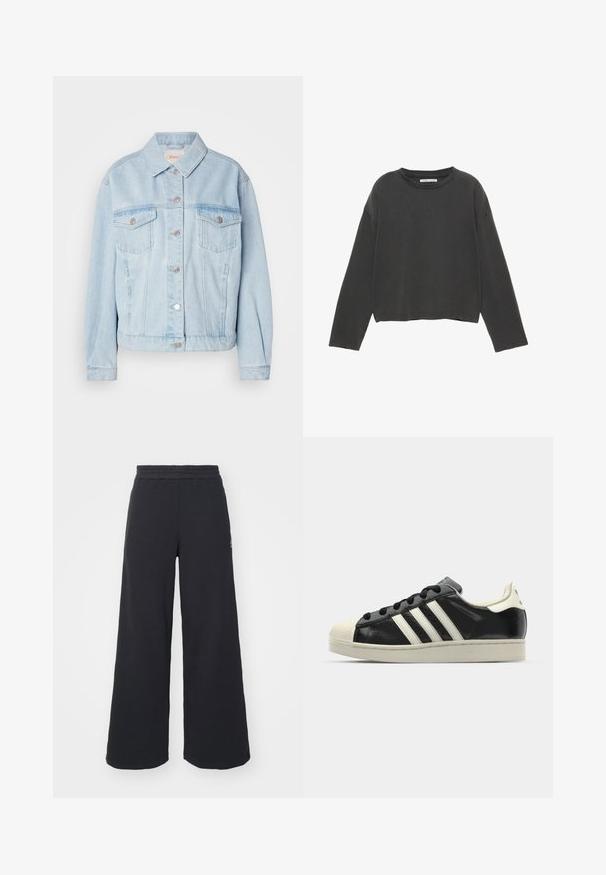 Světle modrá denimová bunda s klasickým límcem, dvěma náprsními kapsami, stříbrnými knoflíky a mírně zkráceným lemem.; Černé zkrácené tričko s dlouhým rukávem vyrobené z měkké bavlny. Má kulatý výstřih a viditelné švy podél švů.; Černé široké tepláky vyrobené z měkké tkaniny, s elastickým pasem a malým logem na levé straně.; Černé kožené sneakers s bílými pruhy, gumovou špičkou, černými tkaničkami a krémovou podešví. Hladký povrch s lesklým finišem.