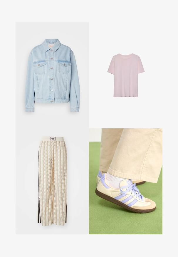 Světle modrá denimová bunda s klasickým límcem, dvěma náprsními kapsami, stříbrnými knoflíky a mírně zkráceným lemem.; Světle růžové bavlněné tričko s krátkým rukávem, kulatým výstřihem a volným střihem. Hladká textura a jednoduchý design, bez dalších vzorů nebo akcentů.; Krémové široké kalhoty s cikcak vzorem, s černým logem na pásu a černými pruhy po stranách. Lehčí, texturovaná tkanina.; Krémové a levandulové tenisky se třemi pruhy a texturovanou hnědou podrážkou, vybavené tkaničkami a polstrovanou patou. Měkký textilní svršek.