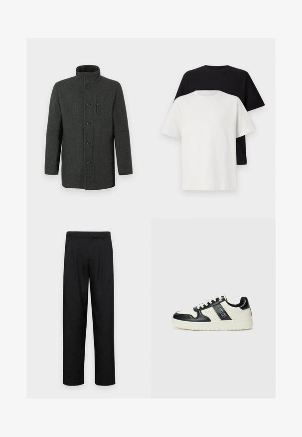 Tumši pelēks vilnas mētelis ar zivju kaula rakstu, augstu apkakli, pogu aizdari un sānu kabatas detaļu. Klasisks, pieguļošs siluets.; Kokvilnas T-kreklu komplekts, kas sastāv no melna un baltā T-krekla, abi ar īsām piedurknēm, apaļu kakla izgriezumu un standarta piegriezumu. Faktūras audums.; Melnas bikses, izgatavotas no gludas auduma, ar taisnu kāju dizainu, divām priekšējām krokām un standarta jostu, kurai ir āķi.; Ādas sporta apavi ar melnbaltu krāsu shēmu, ar perforētiem akcentiem, mīkstinātu apkakli un teksturētu zoli.