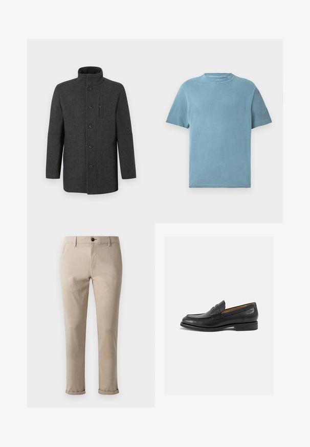 Tumši pelēks vilnas mētelis ar zivju kaula rakstu, augstu apkakli, pogu aizdari un sānu kabatas detaļu. Klasisks, pieguļošs siluets.; Īsām piedurknēm, apaļas kakla t-krekls gaismas zilā kokvilnā. Audums izskatās mīksts ar gludu tekstūru un minimālām šuvju detaļām.; Jack & Jones JPSTMARCO FURY - Chinos tipa bikses - atmosphere; Melnas ādas loafers ar gludu apdari, noapaļotu purngalu un dekoratīvām šuvēm uz virsu. Zems, sakrauta papēža un neliels spīdums.