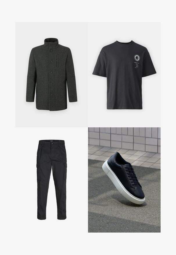 Herringbone-patterned wool coat in dark gray with a high collar, button closure, and a side pocket detail. Classic, tailored fit.; Black cotton t-shirt with short sleeves, round neck, and front graphics of a sun and moon, accompanied by text "Le Soleil et La Lune."; Black cargo pants made of sturdy fabric, featuring multiple pockets, a button closure, and a slim fit design with tapered legs.; Black leather sneaker with rounded toe and white rubber sole. Features flat laces and minimal stitching on the upper. Textured sole for grip.